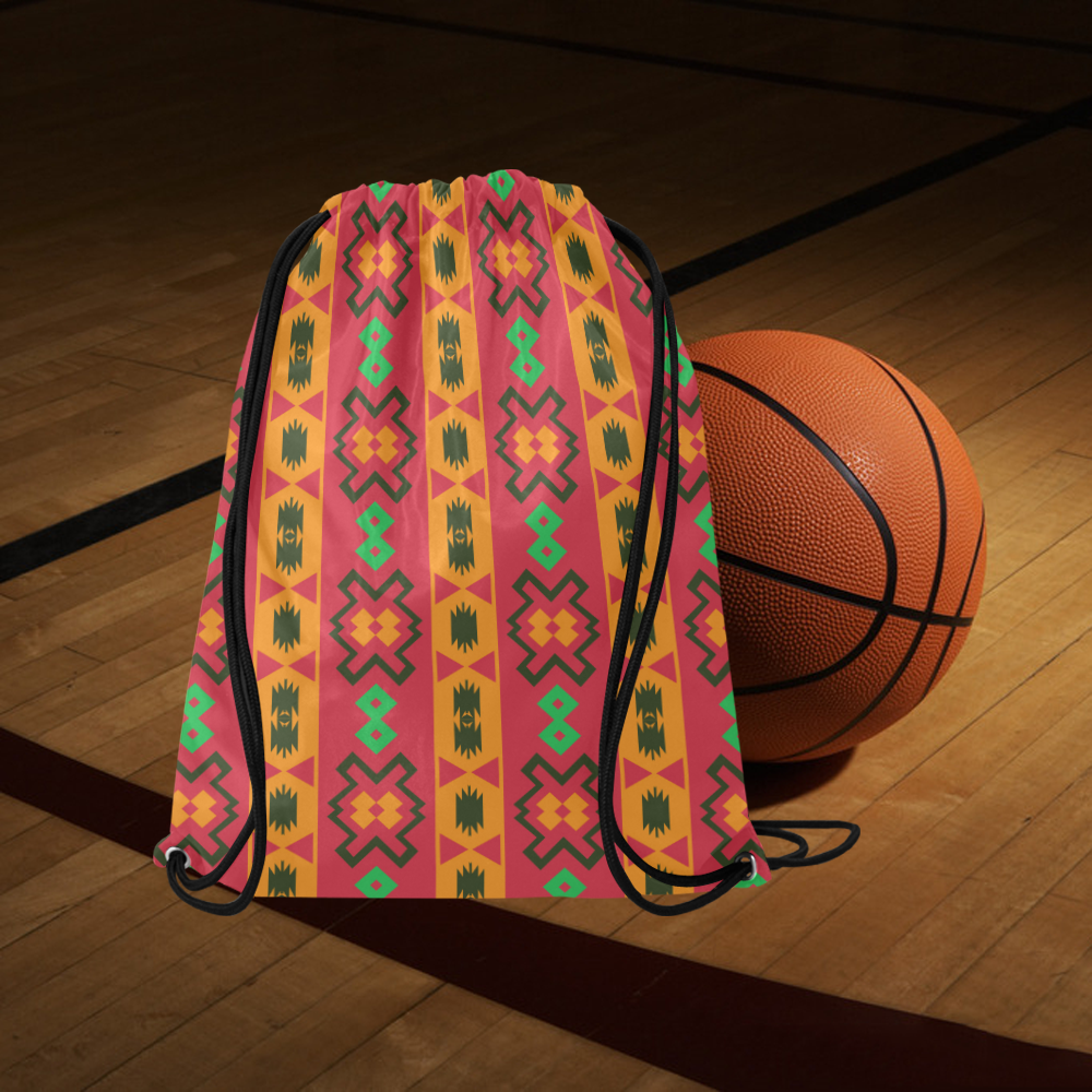 Tribal shapes in retro colors (2) Large Drawstring Bag Model 1604 (Twin Sides)  16.5"(W) * 19.3"(H)