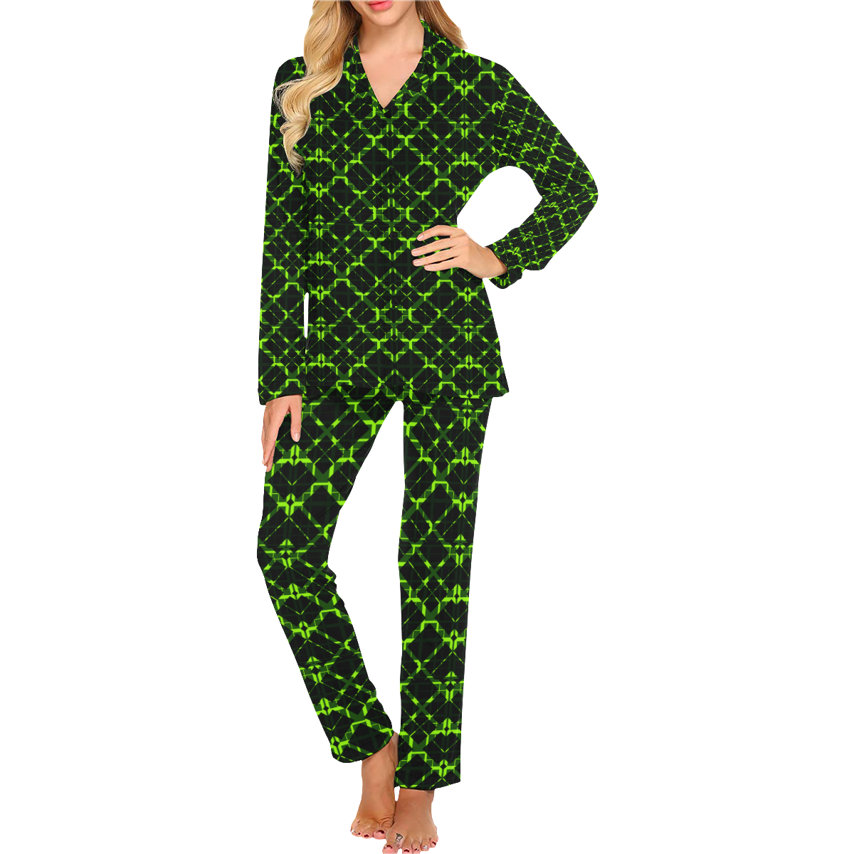 Lime Green Plaid Women's Long Pajama Set