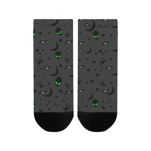 Alien Flying Saucers Stars Pattern on Charcoal Women's Ankle Socks