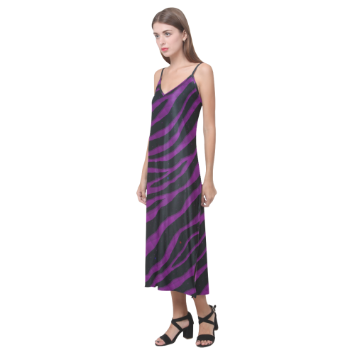 Ripped SpaceTime Stripes - Purple V-Neck Open Fork Long Dress(Model D18)