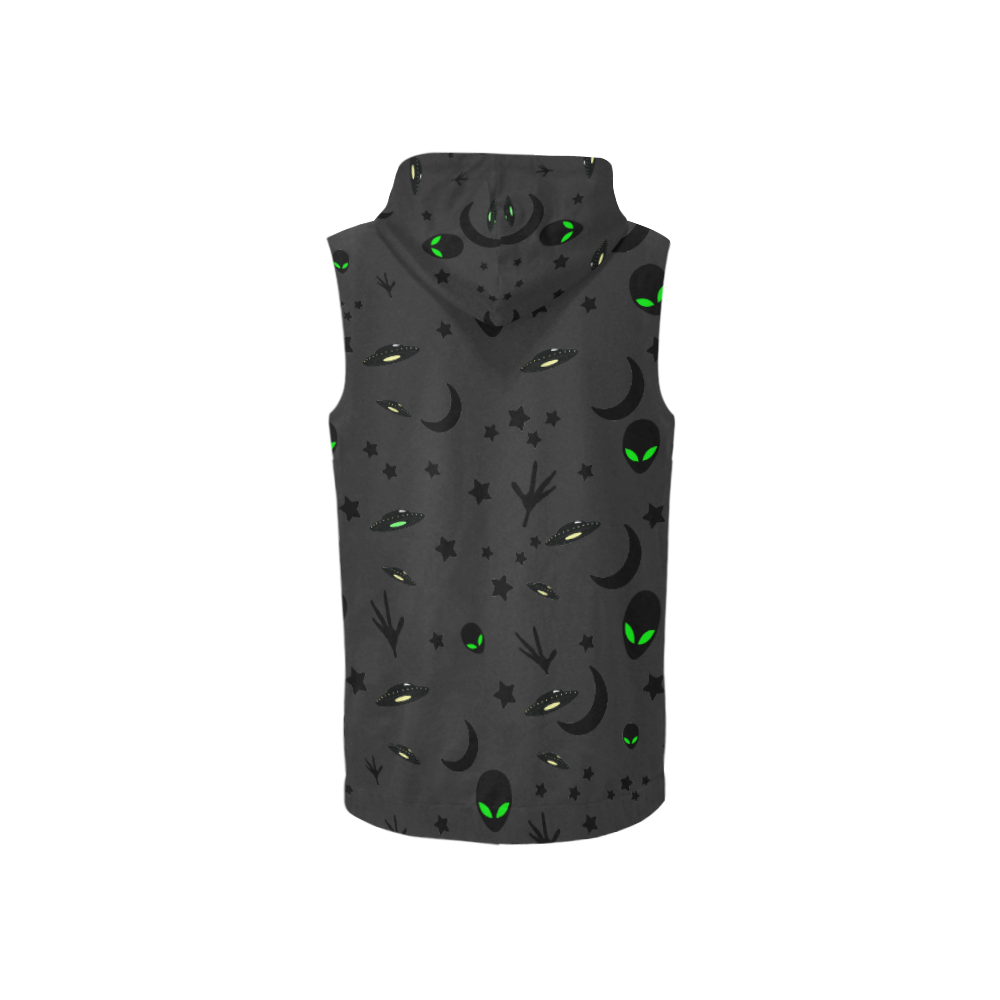 Alien Flying Saucers Stars Pattern on Charcoal All Over Print Sleeveless Zip Up Hoodie for Women (Model H16)