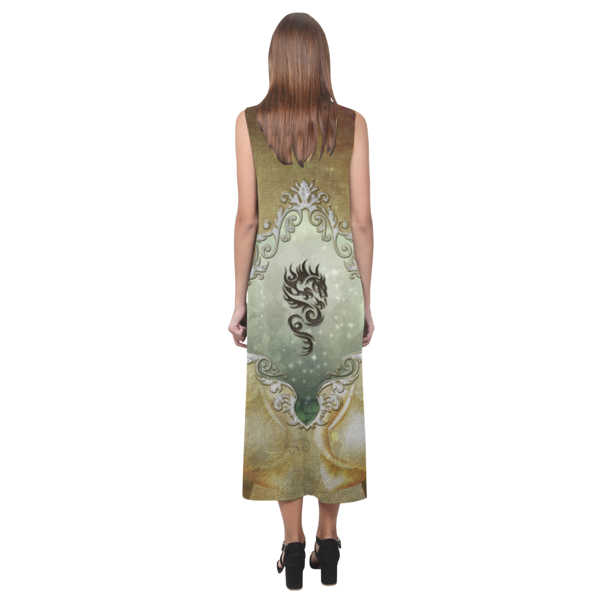 Awesome tribal dragon Phaedra Sleeveless Open Fork Long Dress (Model D08)
