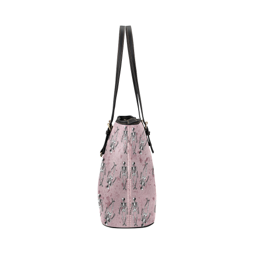 skeleton pink background Leather Tote Bag/Large (Model 1651)