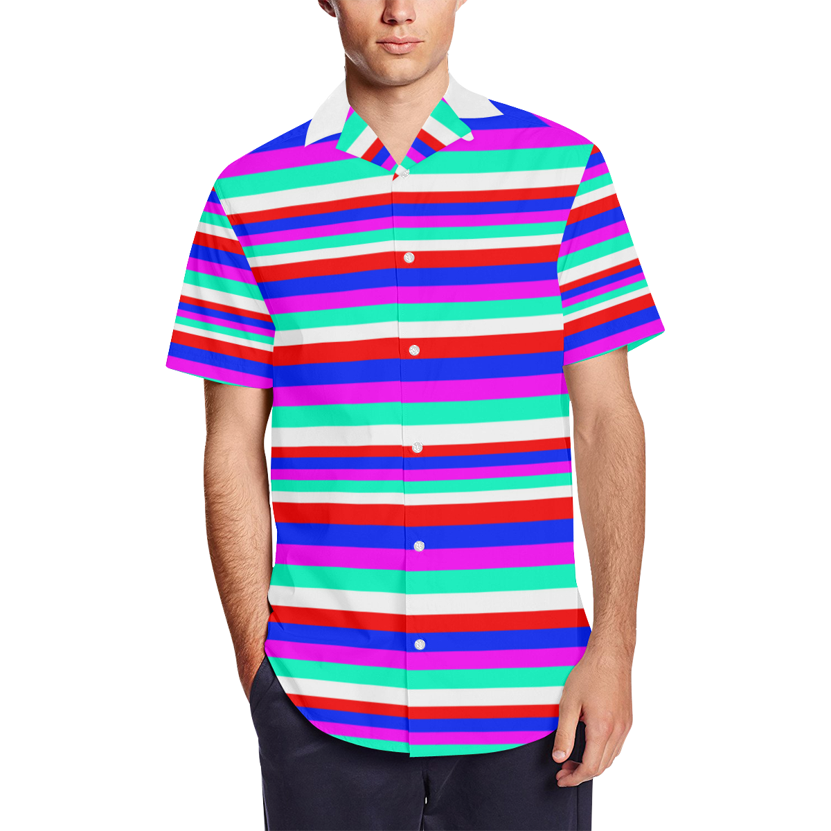 Colored Stripes - Fire Red Royal Blue Pink Mint Wh Men's Short Sleeve Shirt with Lapel Collar (Model T54)