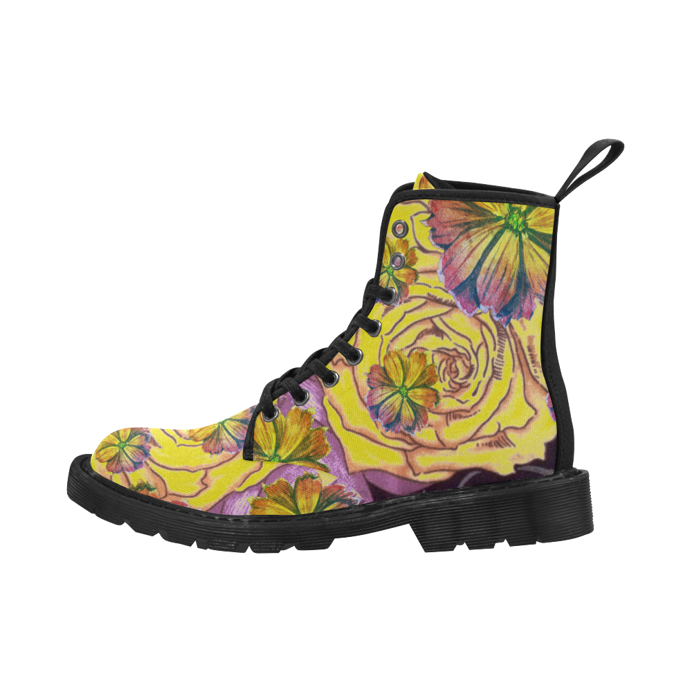 Watercolor Flowers Yellow Purple Green Martin Boots for Men (Black) (Model 1203H)