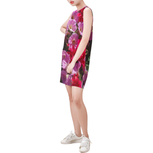 wonderful pink flower mix by JamColors Sleeveless Round Neck Shift Dress (Model D51)