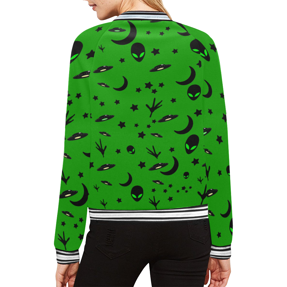 Alien Flying Saucers Stars Pattern on Green All Over Print Bomber Jacket for Women (Model H21)