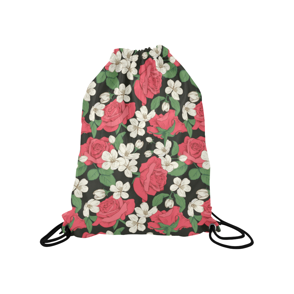 Pink, White and Black Floral Medium Drawstring Bag Model 1604 (Twin Sides) 13.8"(W) * 18.1"(H)