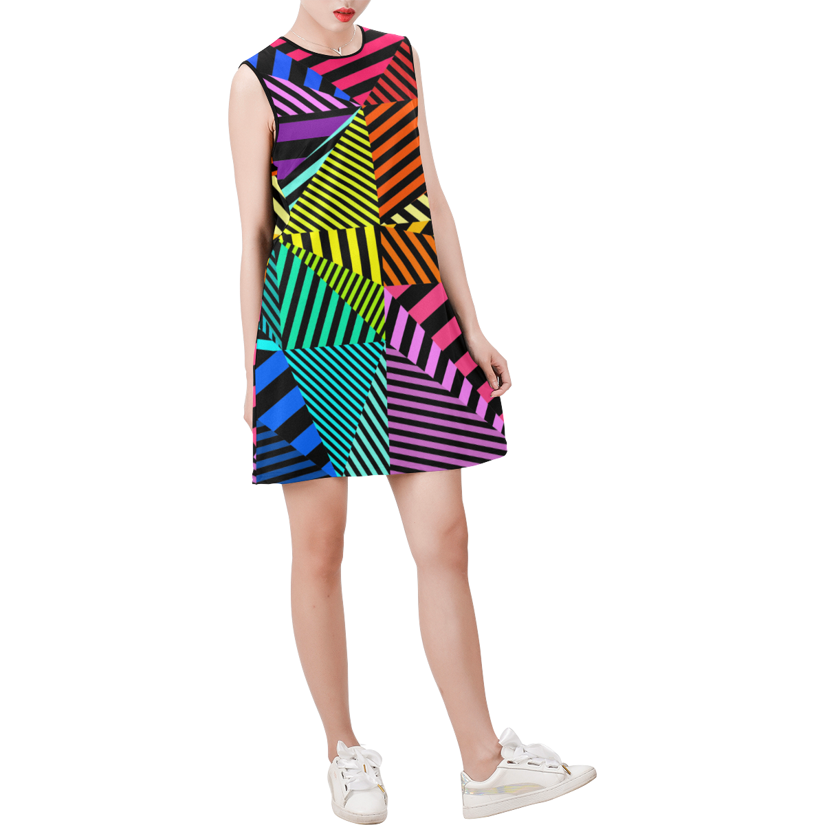 abstracto en color Sleeveless Round Neck Shift Dress (Model D51)