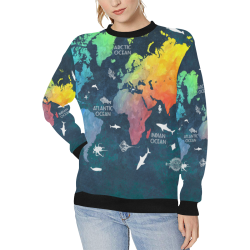 world map #map #worldmap Women's Rib Cuff Crew Neck Sweatshirt (Model H34)