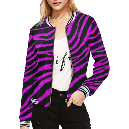 Ripped SpaceTime Stripes - Pink All Over Print Bomber Jacket for Women (Model H21)