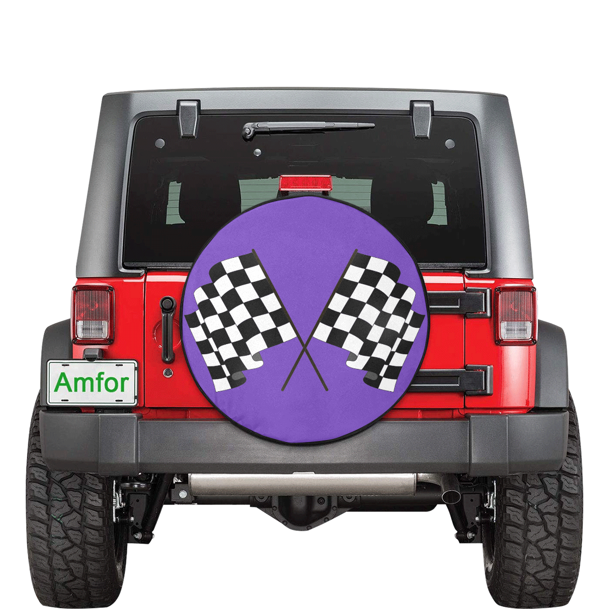 Checkered Race Flags on Black and Purple 30 Inch Spare Tire Cover