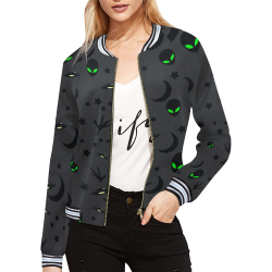 Alien Flying Saucers Stars Pattern on Charcoal All Over Print Bomber Jacket for Women (Model H21)