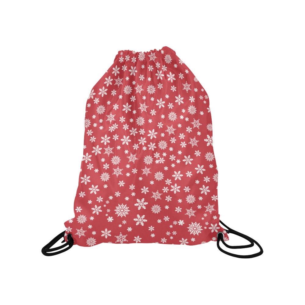 Christmas  White Snowflakes on Red Medium Drawstring Bag Model 1604 (Twin Sides) 13.8"(W) * 18.1"(H)