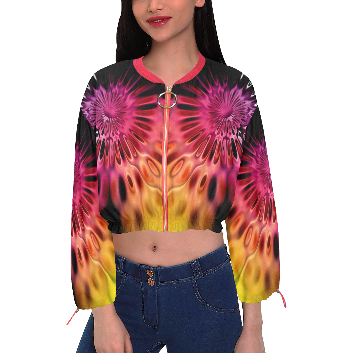 Magic Flower Flames Fractal - Psychedelic Colors Cropped Chiffon Jacket for Women (Model H30)