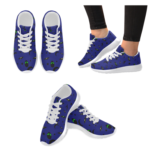 Alien Flying Saucers Stars Pattern (White Laces) Women's Running Shoes/Large Size (Model 020)