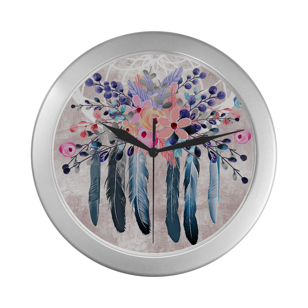 pink dreamcatcher floral Silver Color Wall Clock