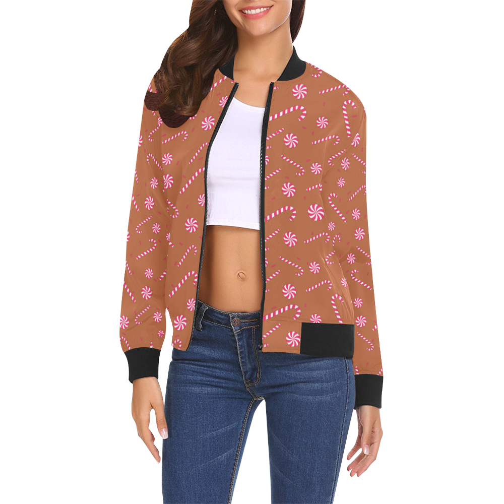 Candy CANE CHRISTMAS Pattern BROWN All Over Print Bomber Jacket for Women (Model H19)