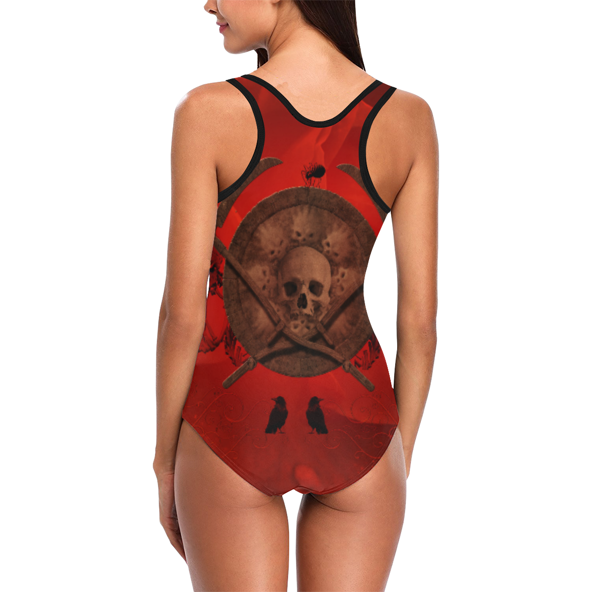 Skulls on red vintage background Vest One Piece Swimsuit (Model S04)