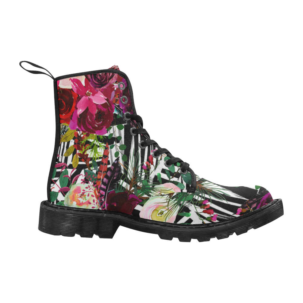 Floral On Zebra Martin Boots for Women (Black) (Model 1203H)
