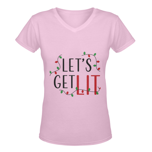 Lets Get Lit CHRISTMAS LIGHT PINK Women's Deep V-neck T-shirt (Model T19)