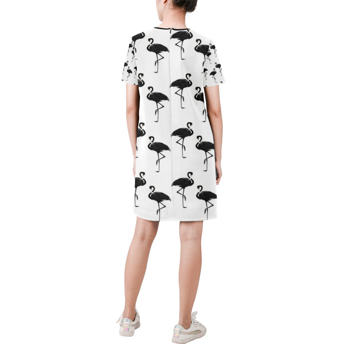 Flamingos Pattern Black and White Short-Sleeve Round Neck A-Line Dress (Model D47)
