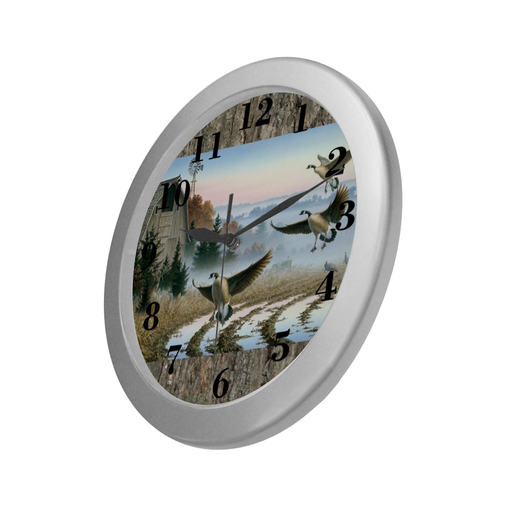 Geese In A Farm Field Silver Color Wall Clock
