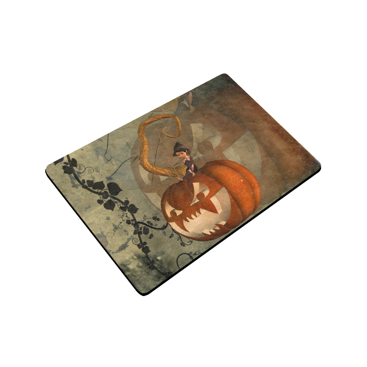 Halloween, funny pumpkin with witch Doormat 24"x16" (Black Base)