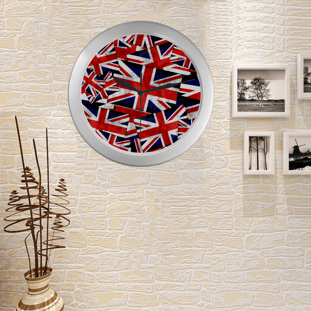 Union Jack British UK Flag Silver Color Wall Clock