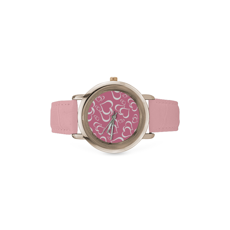 White and Rose Pink Hearts Pattern Women's Rose Gold Leather Strap Watch(Model 201)