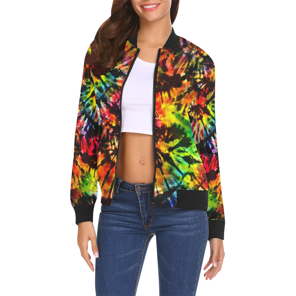 Vivid Psychedelic Hippy Tie Dye All Over Print Bomber Jacket for Women (Model H19)