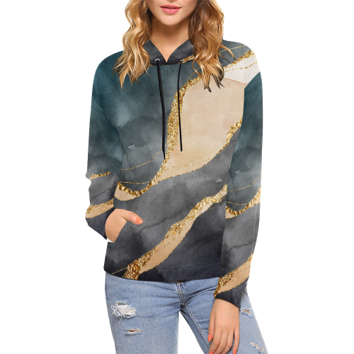 black and gold All Over Print Hoodie for Women (USA Size) (Model H13)
