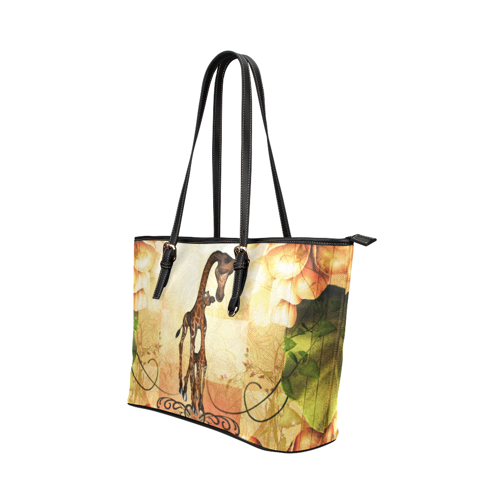 Cute giraffe mum with baby Leather Tote Bag/Large (Model 1651)