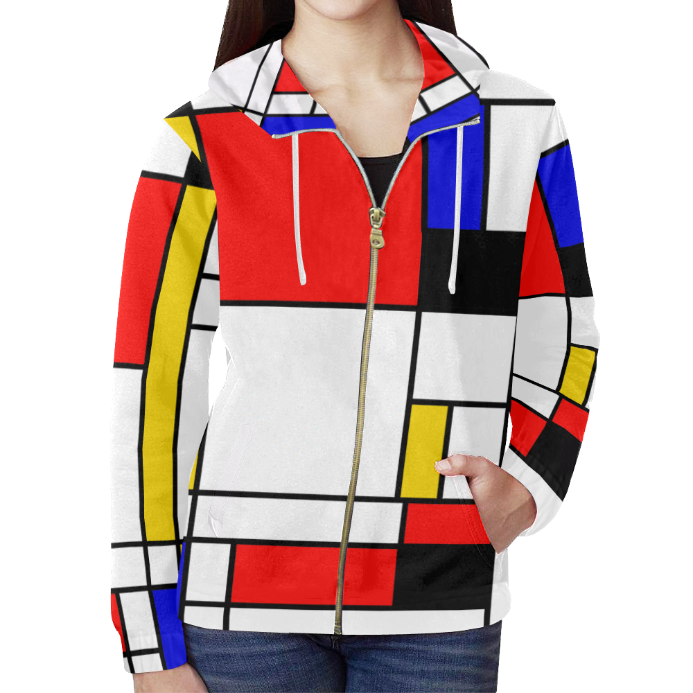 Bauhouse Composition Mondrian Style All Over Print Full Zip Hoodie for Women (Model H14)