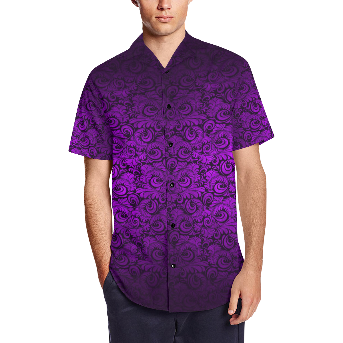 Vintage Gothic Metallic Purple Vampire Leaf Print Dress Shirt Men's Short Sleeve Shirt with Lapel Collar (Model T54)