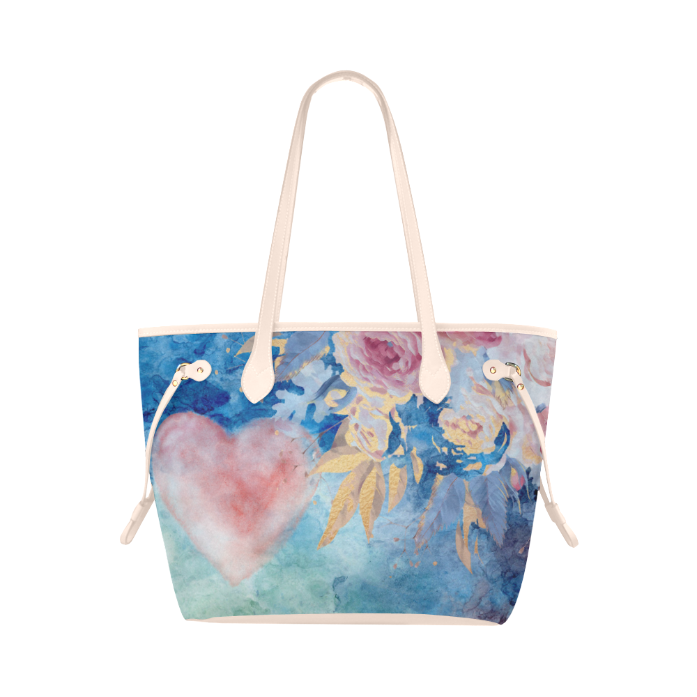 Heart and Flowers - Pink and Blue Clover Canvas Tote Bag (Model 1661)
