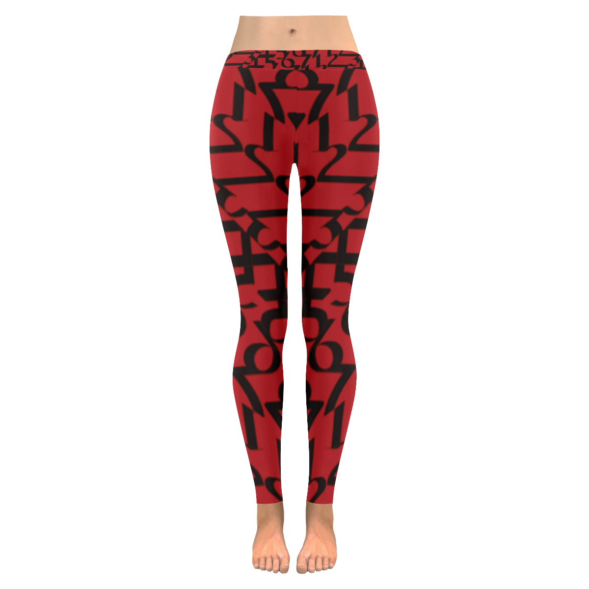 NUMBERS Collection 1234567 Cherry Red/Black Women's Low Rise Leggings (Invisible Stitch) (Model L05)