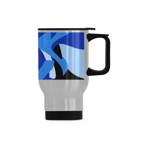 Camouflage Abstract Blue and Black Travel Mug (Silver) (14 Oz)