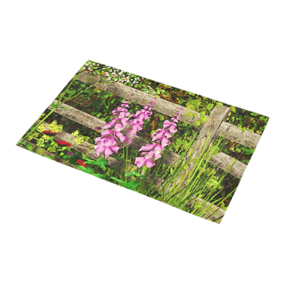 Pretty Pink Flowers and Fence Watercolor Bath Rug 16''x 28''