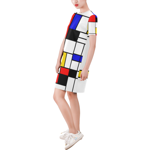 Bauhouse Composition Mondrian Style Short-Sleeve Round Neck A-Line Dress (Model D47)