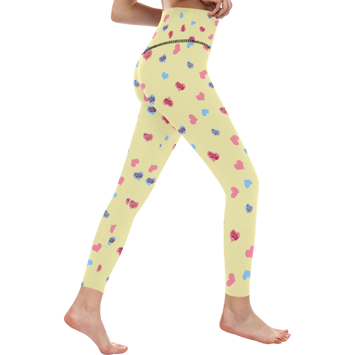 Pink-Blue Hearts-Wild Thing-Hot Stuff on Yellow Women's All Over Print High-Waisted Leggings (Model L36)