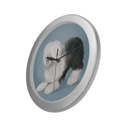 sheepdog-playing5 Silver Color Wall Clock