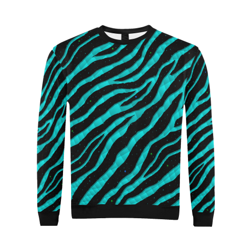 Ripped SpaceTime Stripes - Cyan All Over Print Crewneck Sweatshirt for Men (Model H18)