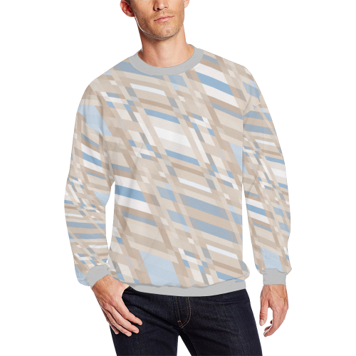 Cream and Blue Abstract Men's Oversized Fleece Crew Sweatshirt/Large Size(Model H18)