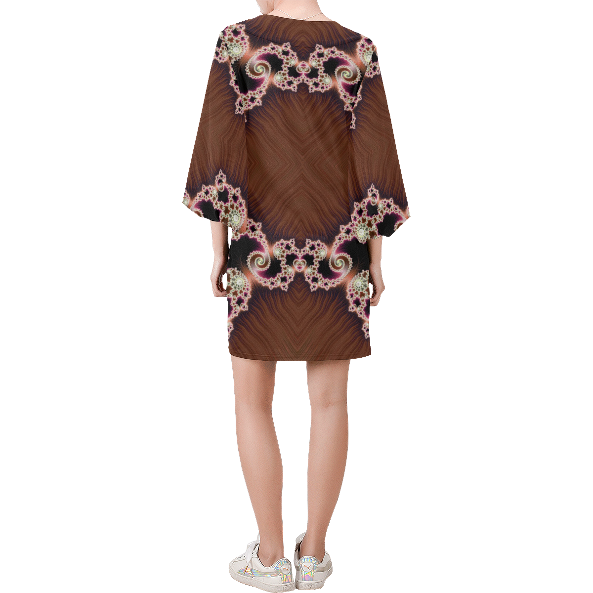 Copper and Pink Hearts Lace Fractal Abstract Bell Sleeve Dress (Model D52)
