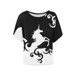 Black and White Shadowworld of Unicorns Women's Batwing-Sleeved Blouse T shirt (Model T44)