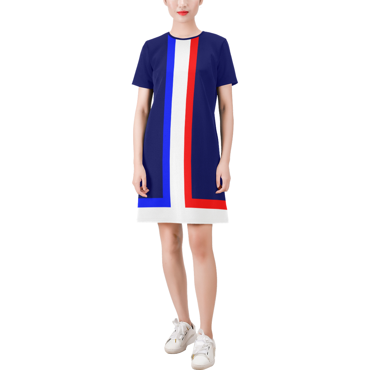 Red, White and Blue Retro Mod by ArtformDesigns Short-Sleeve Round Neck A-Line Dress (Model D47)