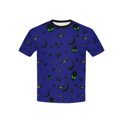 Alien Flying Saucers Stars Pattern on Blue Kids' All Over Print T-Shirt with Solid Color Neck (Model T40)
