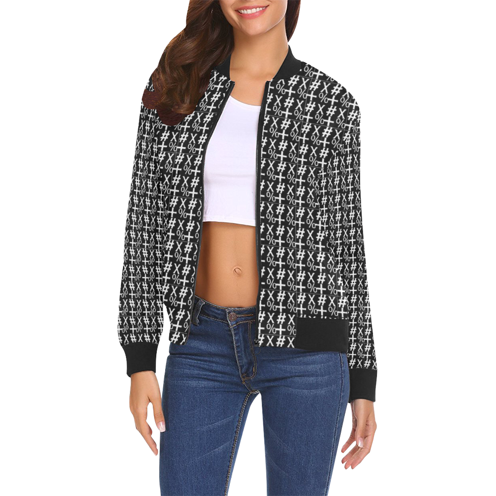NUMBERS Collection Symbols Black/White All Over Print Bomber Jacket for Women (Model H19)