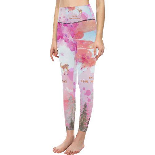 Little Deer in the Magic Pink Forest Women's All Over Print High-Waisted Leggings (Model L36)